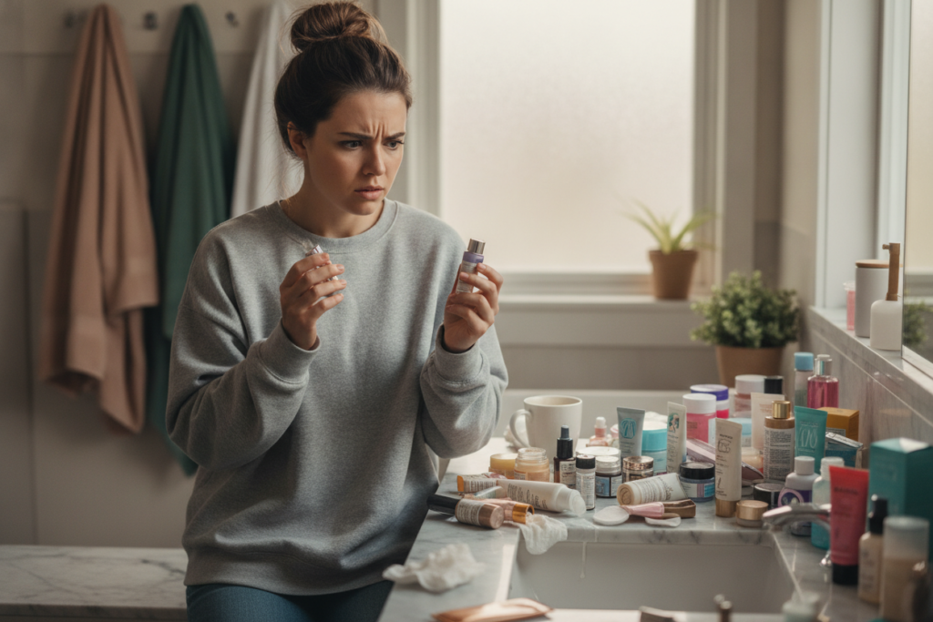 confused woman looking at multiple skincare products
