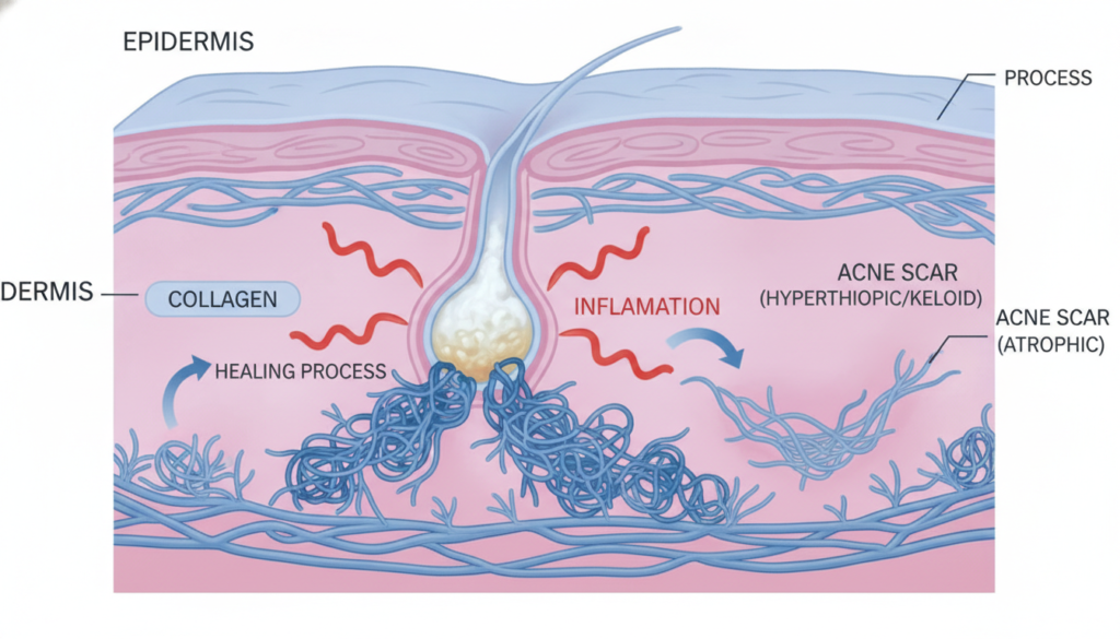 diagram showing layers of skin and acne scar formation process