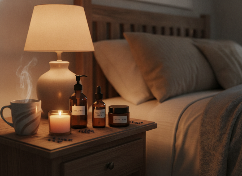 evening skincare routine products arranged on nightstand