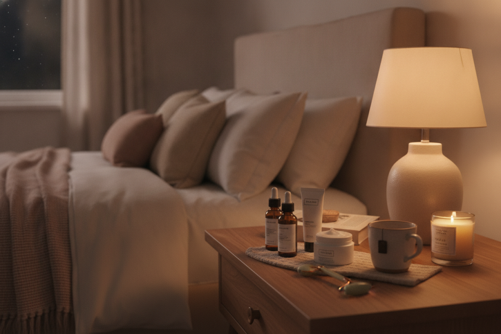 evening skincare routine setup on bedside table