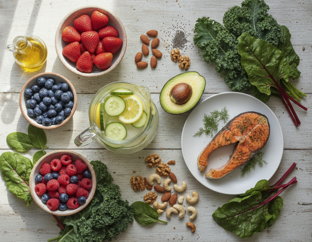 healthy foods for natural skin care including fruits and vegetables