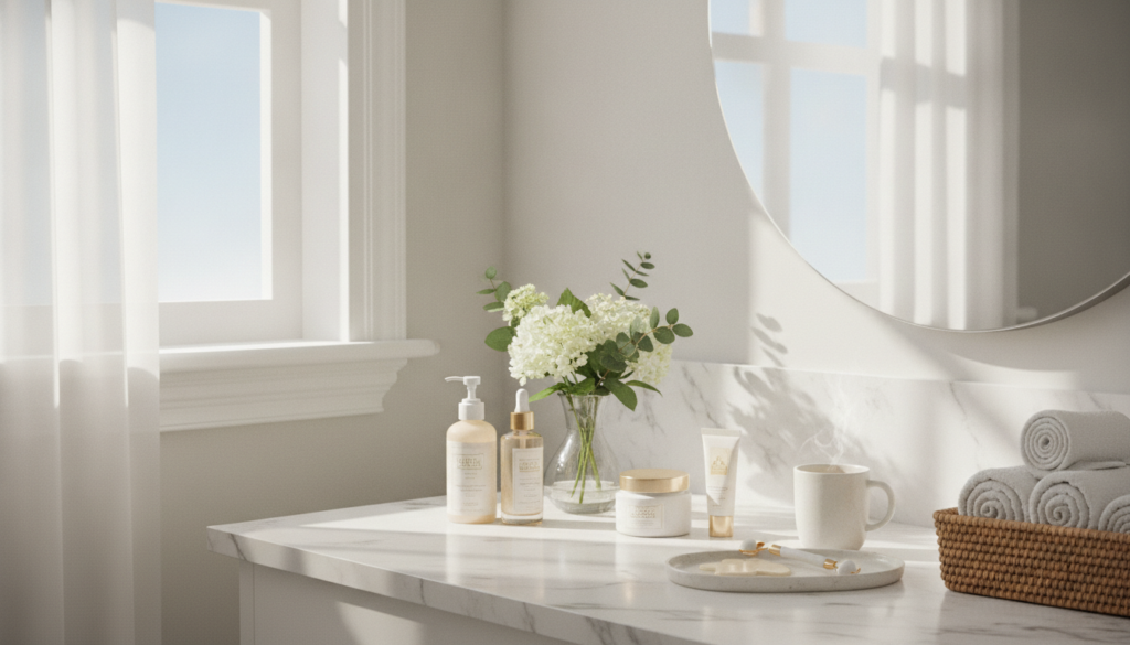 morning natural skin care routine setup