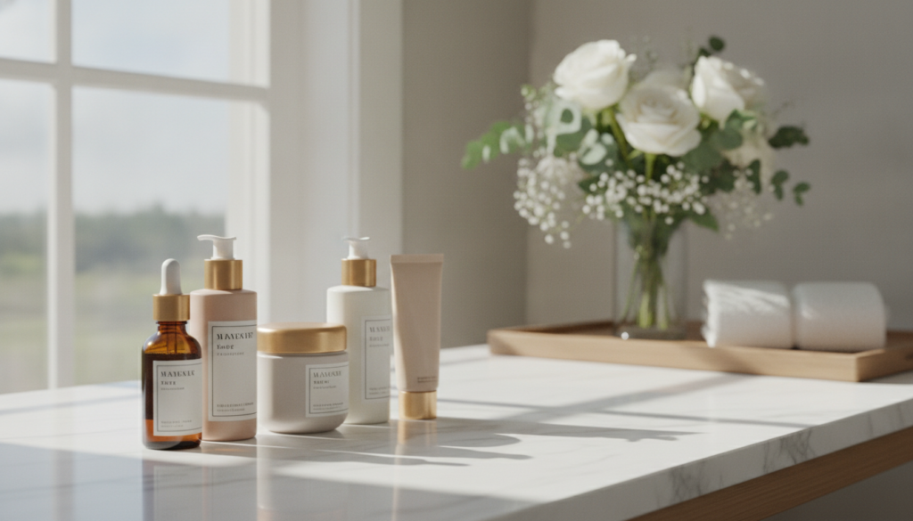 morning skincare routine products arranged in application order