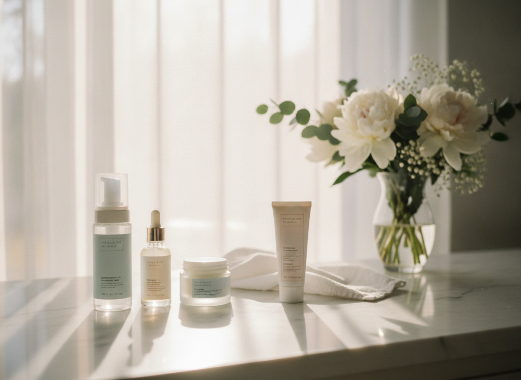 morning skincare routine products arranged in order of application