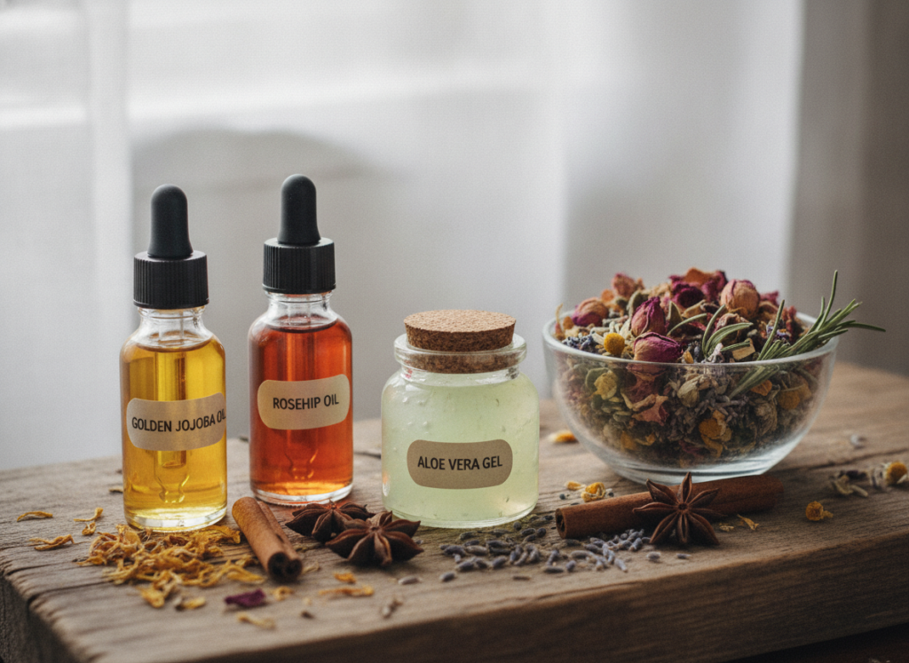 natural skin care ingredients including oils and botanical extracts