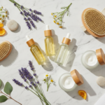 natural skin care routine products arranged on marble surface