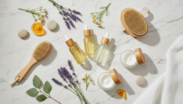 natural skin care routine products arranged on marble surface