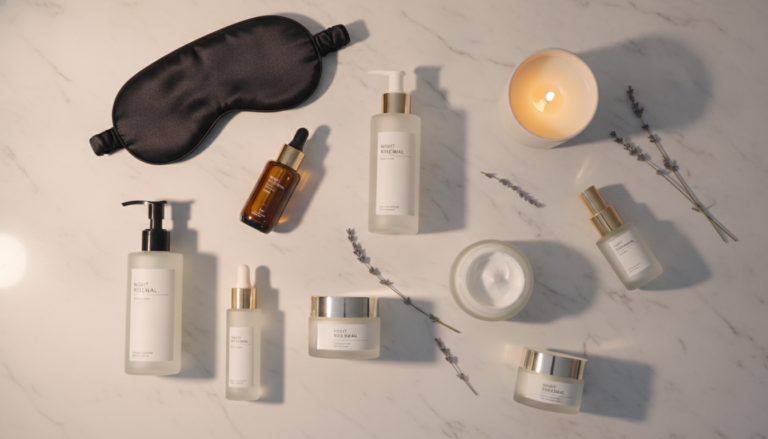 night skin care routine steps essential products arranged on vanity