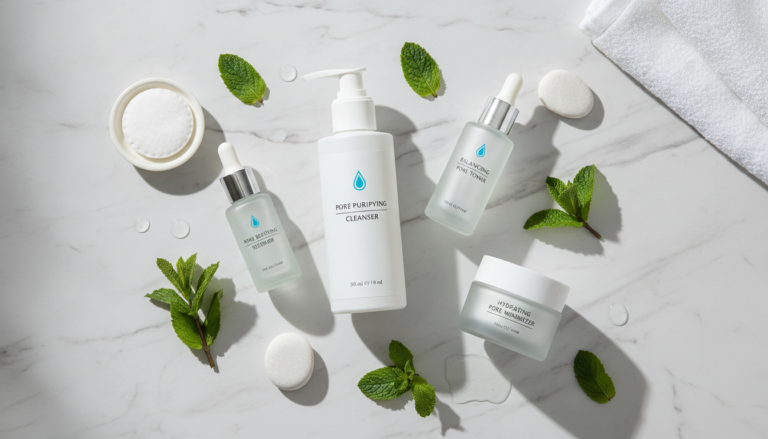 open pores skin care routine products laid out on clean surface