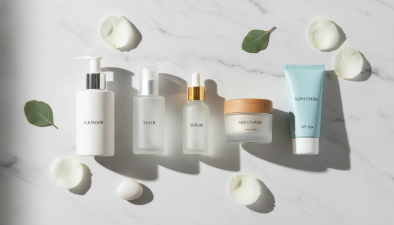 proper skin care routine products arranged on clean white surface