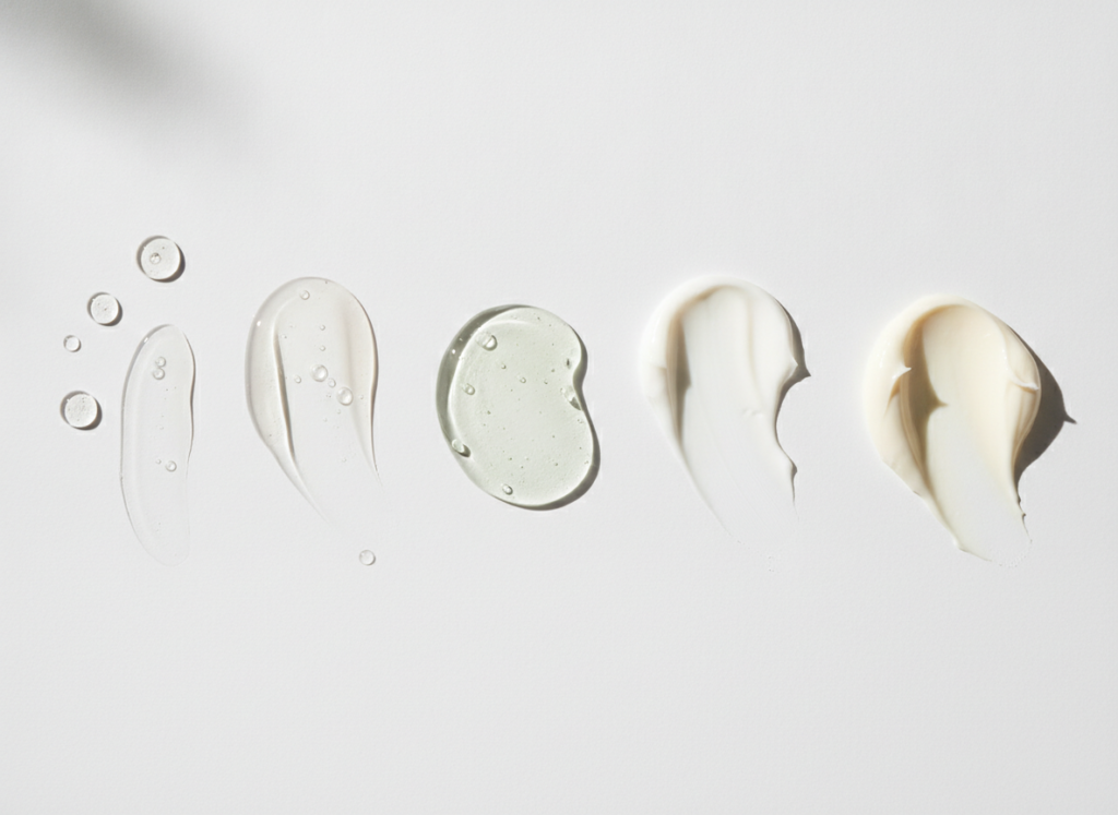 skincare products arranged from thinnest to thickest consistency