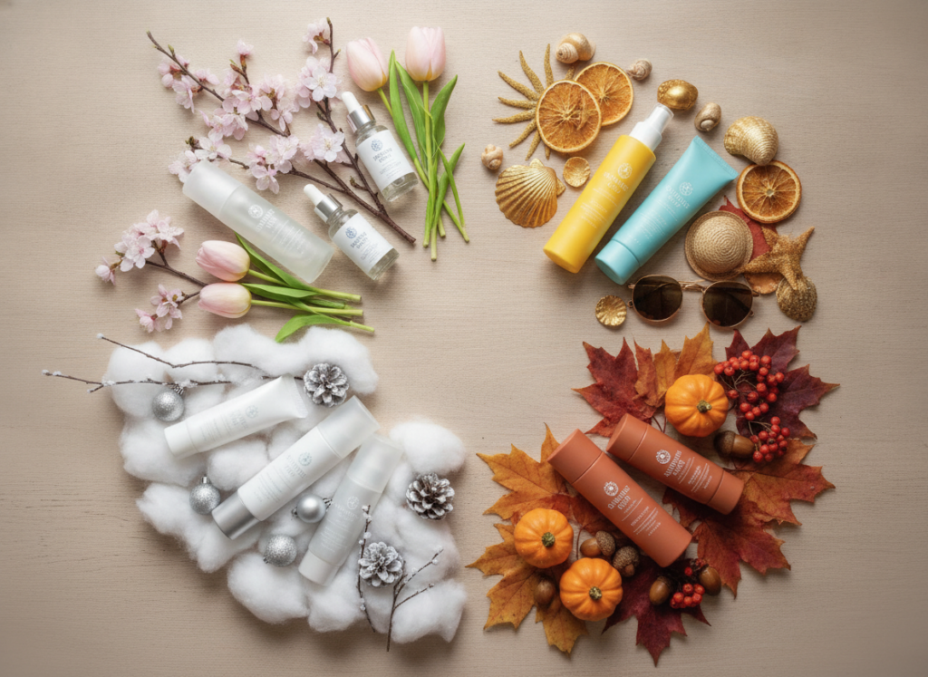 skincare products arranged with seasonal elements