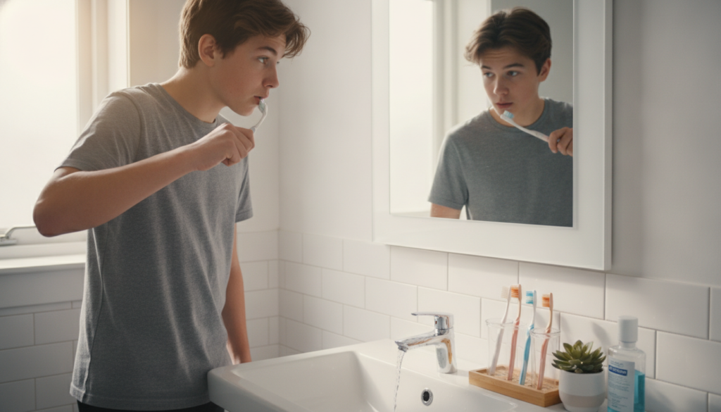 teenage boy brushing teeth
