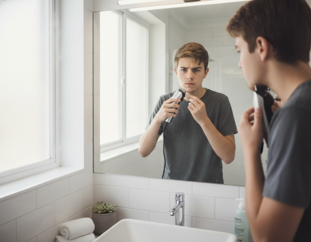 teenage boy grooming facial hair