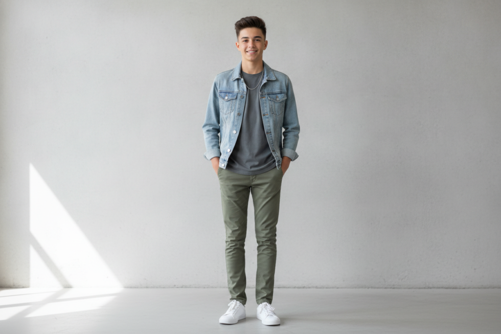 teenage boy in stylish casual outfit
