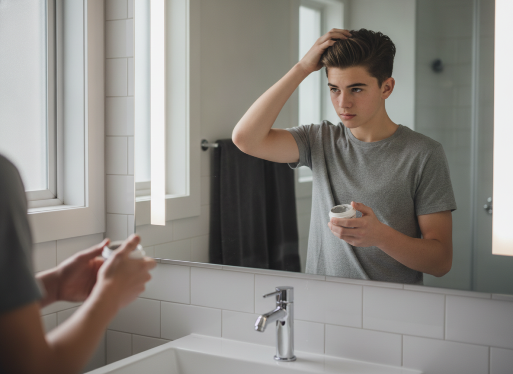 teenage boy styling hair in mirror