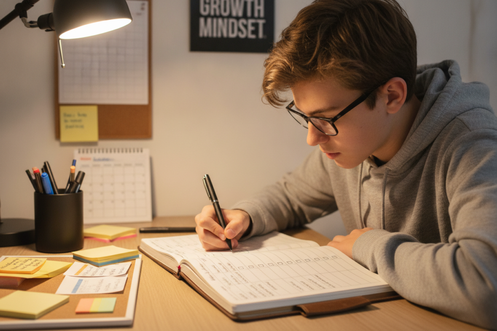 teenage boy tracking progress in journal