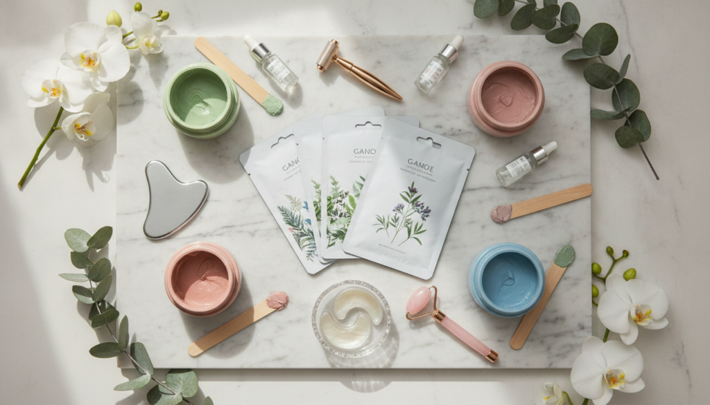 variety of skincare treatment masks and tools