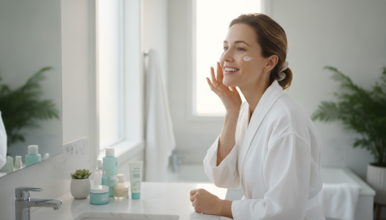 woman applying morning skincare routine products in bathroom mirror