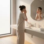 woman applying morning skincare routine products in bright bathroom