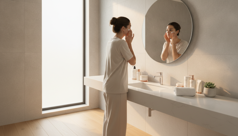 woman applying morning skincare routine products in bright bathroom