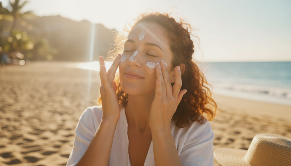 woman applying sunscreen for clear smooth skin protection woman applying sunscreen for clear smooth skin protection