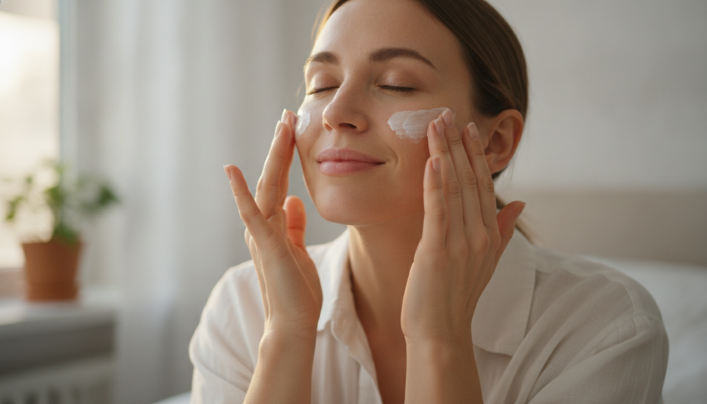 woman applying sunscreen to face as final morning skincare step