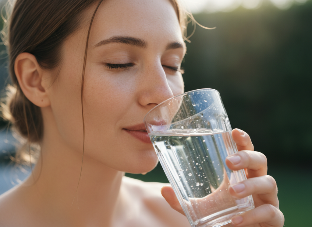 woman drinking water for skin hydration and clear smooth skin woman drinking water for skin hydration and clear smooth skin