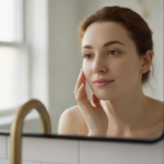 woman examining acne scars in mirror with natural lighting