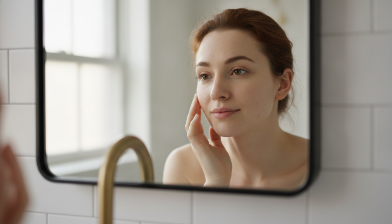 woman examining acne scars in mirror with natural lighting
