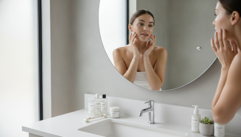 woman examining her combination skin in mirror
