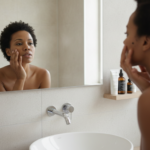 woman examining her face in mirror looking at hyperpigmentation and dark spots on skin