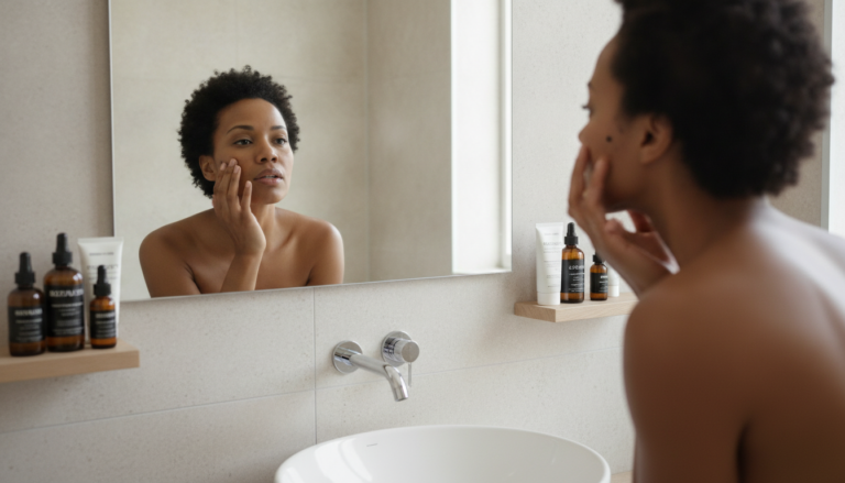 woman examining her face in mirror looking at hyperpigmentation and dark spots on skin