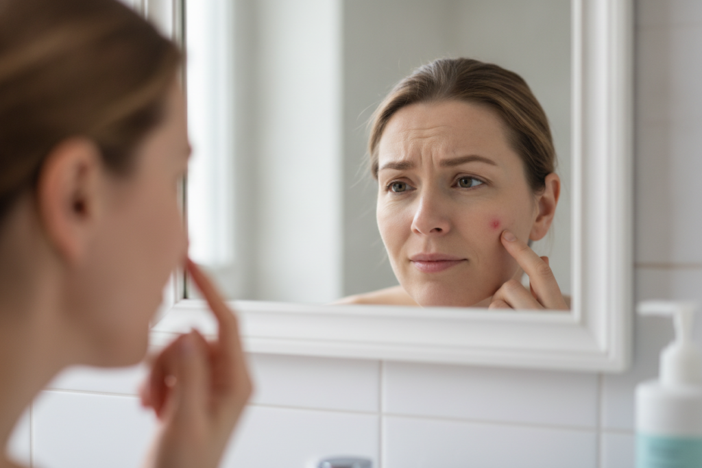 woman examining her skin closely in mirror
