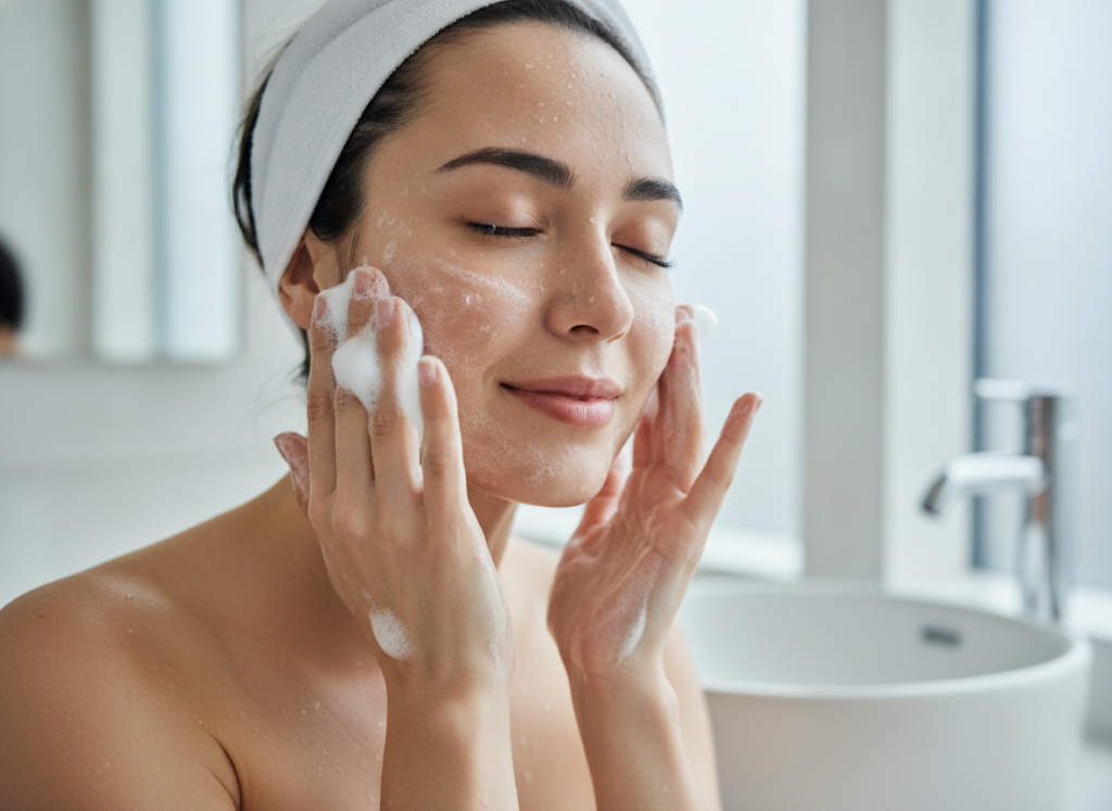 woman performing proper face cleansing technique for clear smooth skin woman performing proper face cleansing technique for clear smooth skin