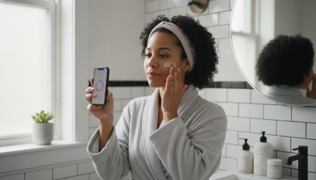 woman waiting between skincare steps with timer