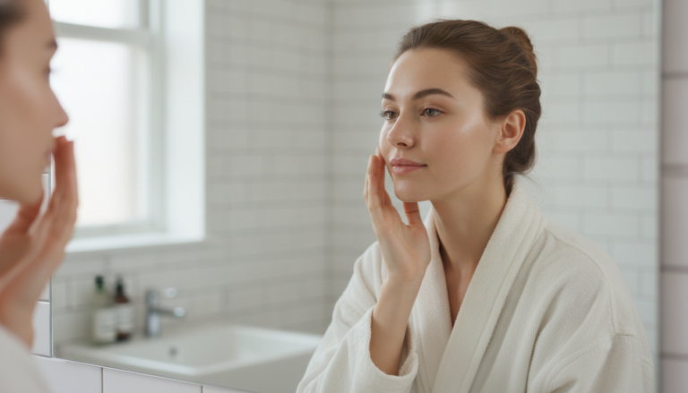 woman with clear glowing skin looking in mirror how to get clear skin in 3 days