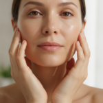 woman with glowing normal skin touching her face gently in natural light