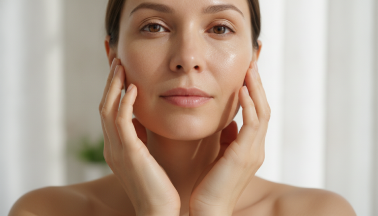 woman with glowing normal skin touching her face gently in natural light