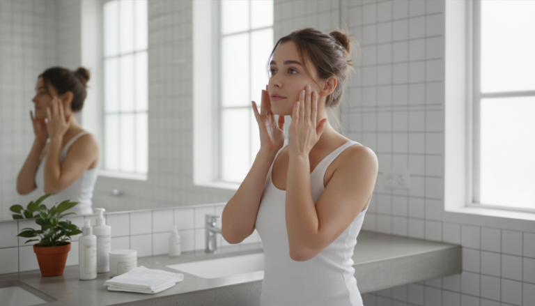 young woman in her 20s applying skincare routine products in modern bathroom