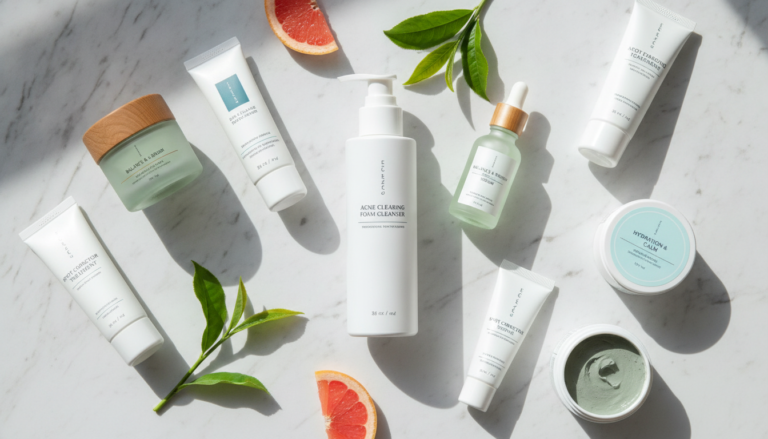 Acne prone skin care products arranged on clean background