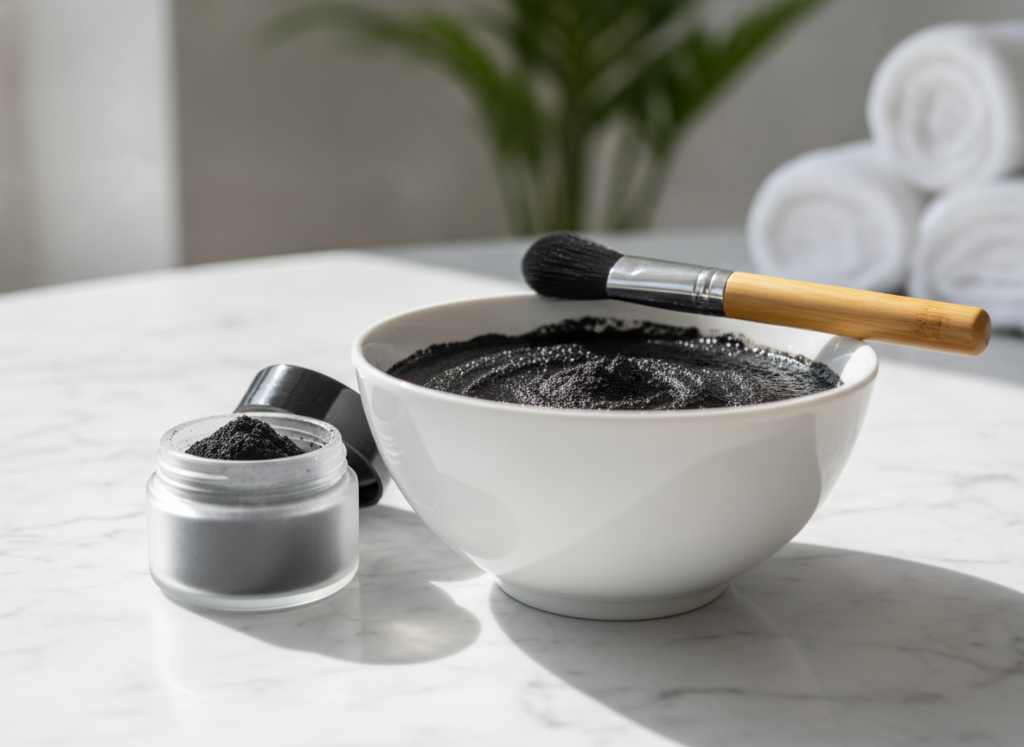 Activated charcoal face mask in bowl showing black texture Activated charcoal face mask in bowl showing black texture