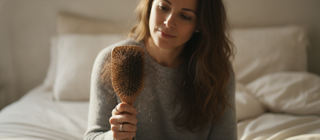 Adult noticing hair shedding while brushing in a bright bedroom Adult noticing hair shedding while brushing in a bright bedroom