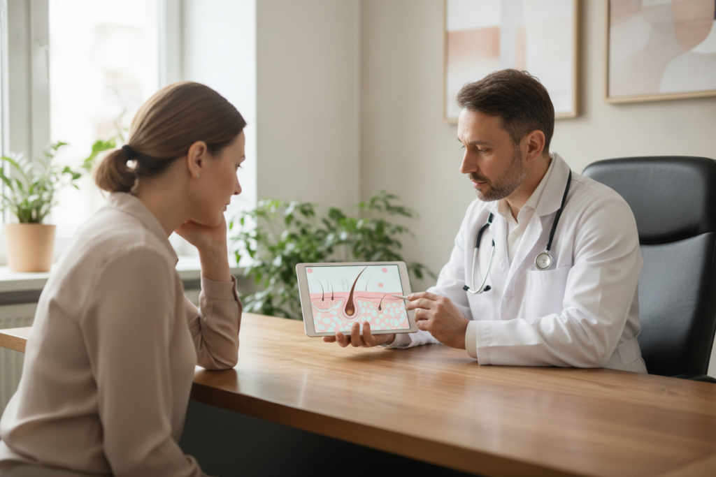 Adult speaking with a qualified healthcare professional about hair loss concerns