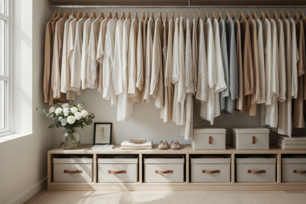 Aesthetic wardrobe organization with neutral tones Aesthetic wardrobe organization with neutral tones