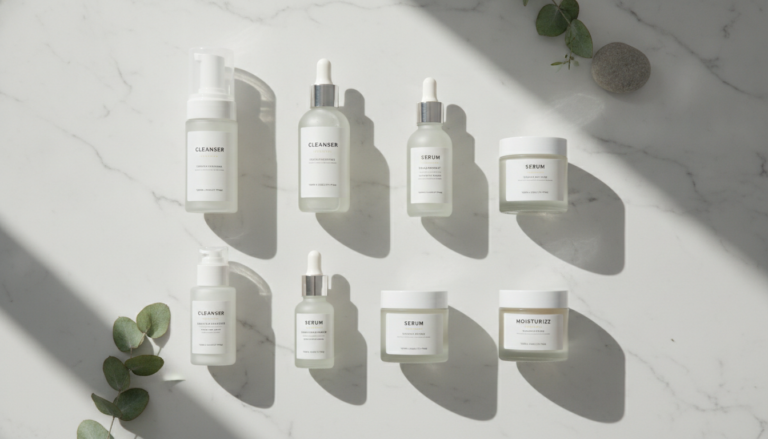 Affordable skin care products displayed on vanity with natural lighting