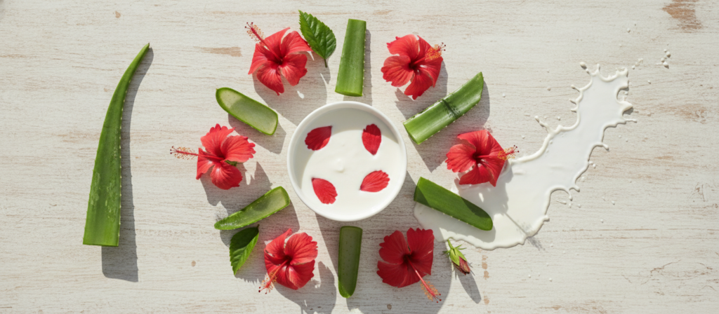 Aloe vera coconut milk and hibiscus hair ingredients