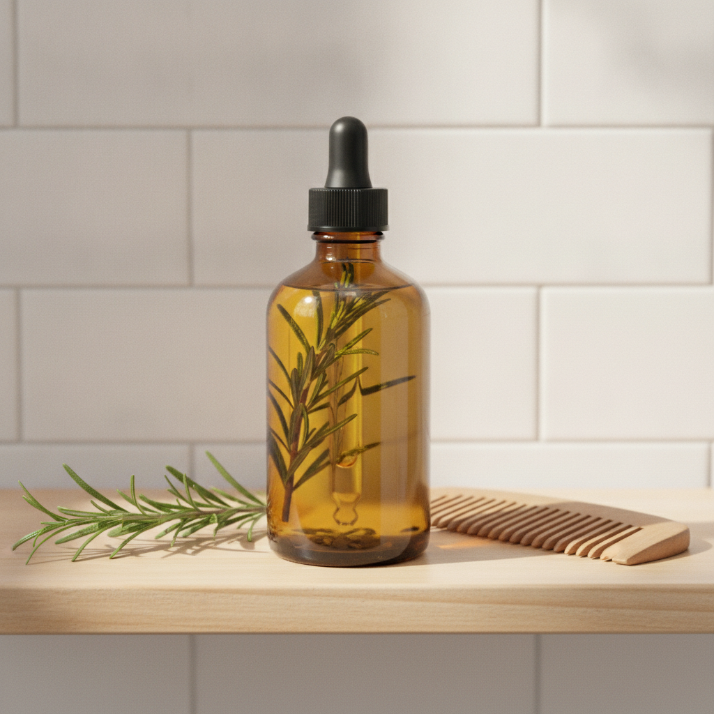 Amber bottle of homemade rosemary hair oil on a bathroom shelf Amber bottle of homemade rosemary hair oil on a bathroom shelf