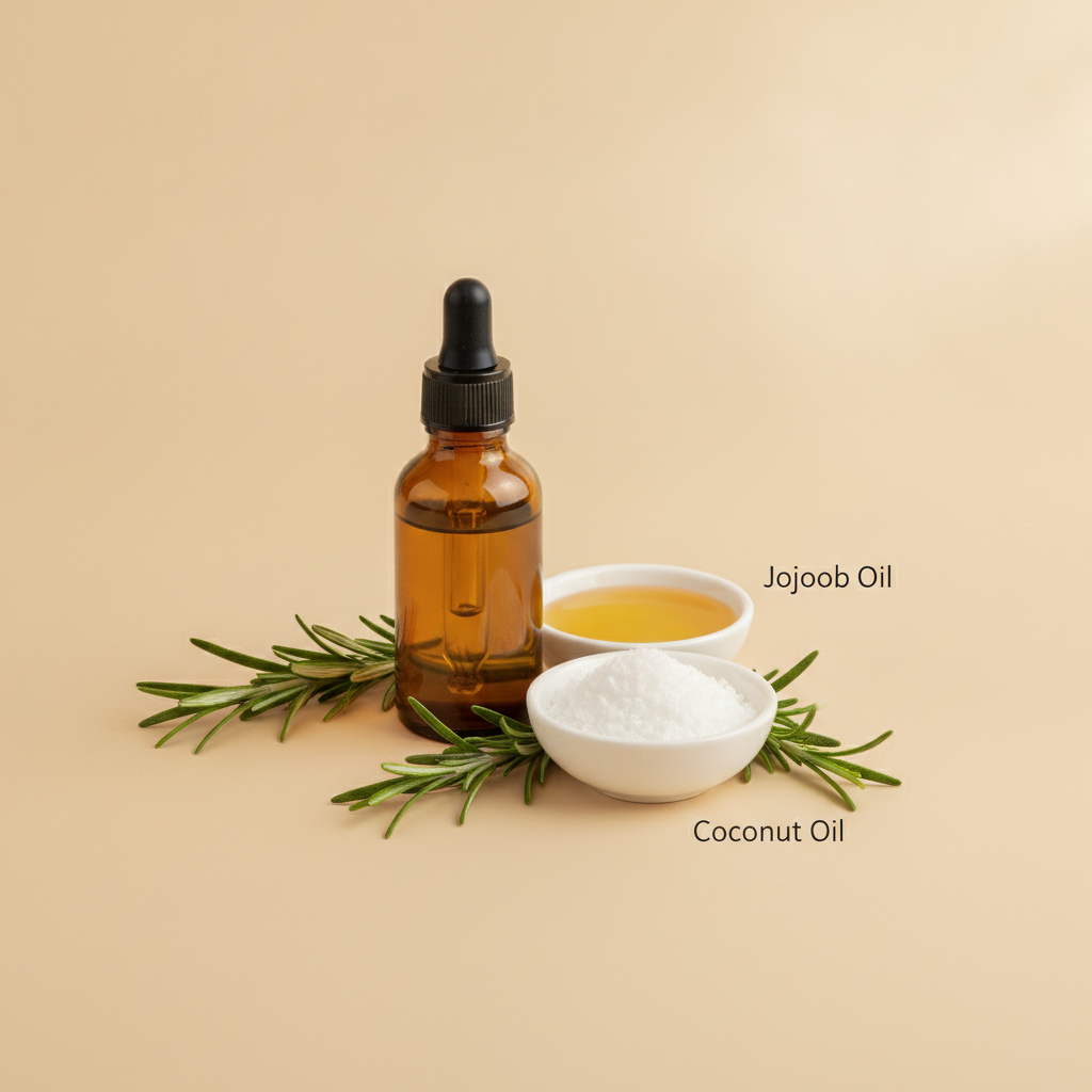 Amber rosemary essential oil bottle beside jojoba and coconut oil