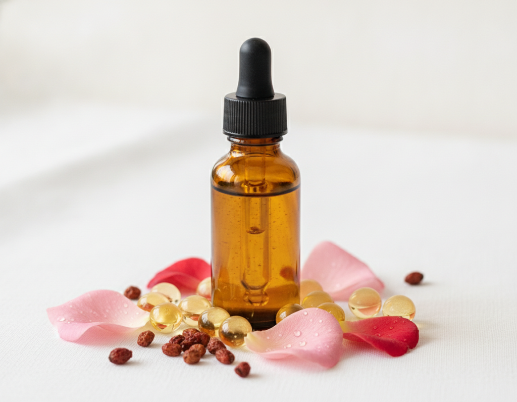 Anti-aging serum bottle with natural ingredients